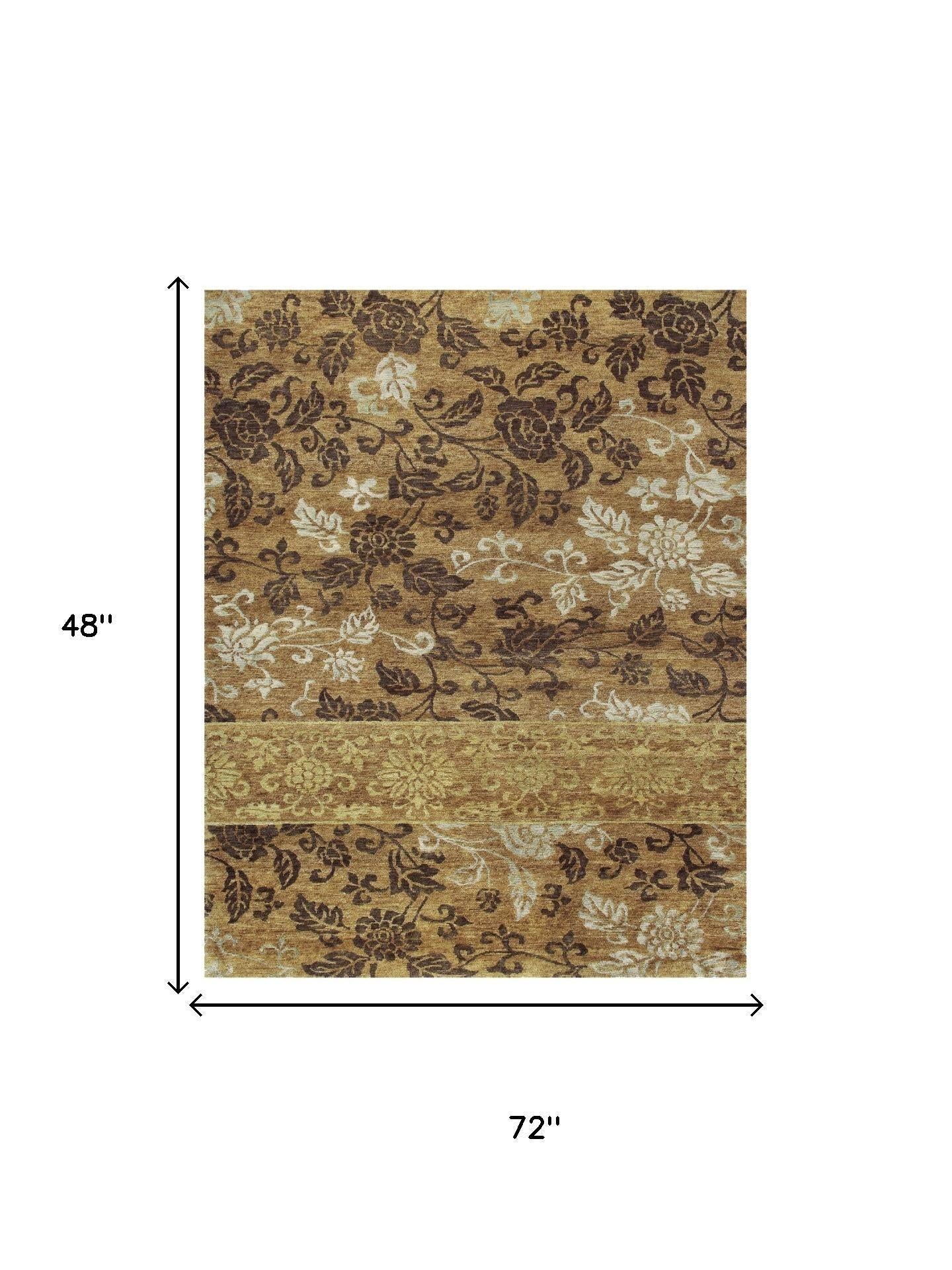 4' X 6' Brown Gold And Tan Floral Hand Knotted Area Rug - Home & Garden