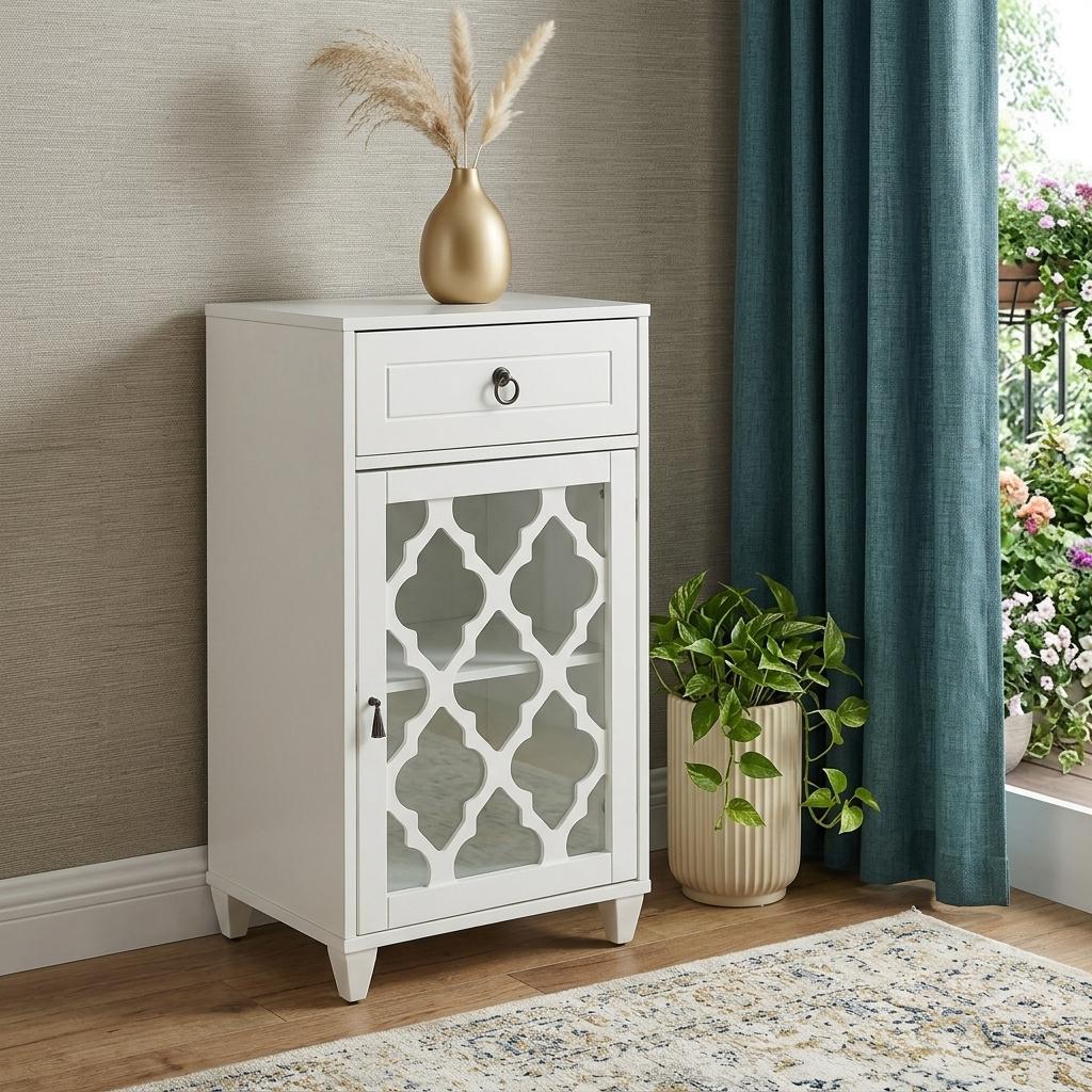 17" White Fret Work Design Glass Door Accent Cabinet - Kitchen & Dining