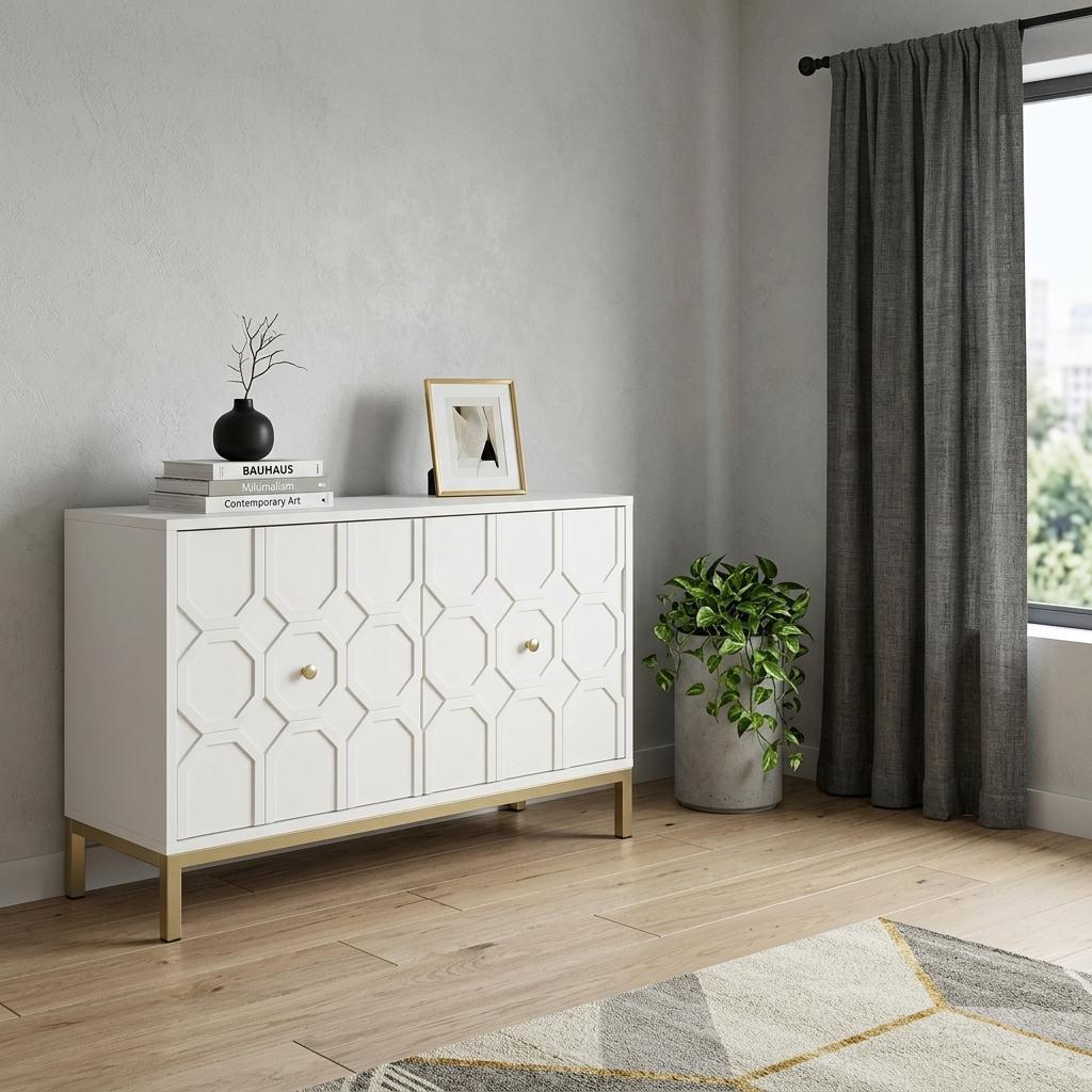 40" White Carved Geometric Sideboard with Two Doors - Kitchen & Dining