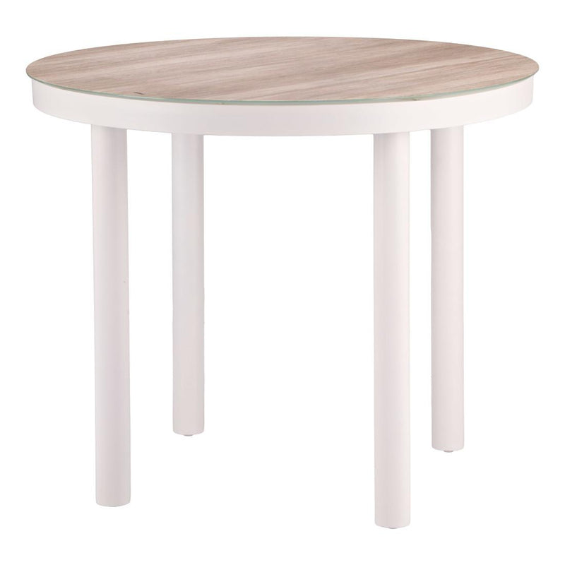 Round outdoor dining table featuring a light wood top and white aluminum legs