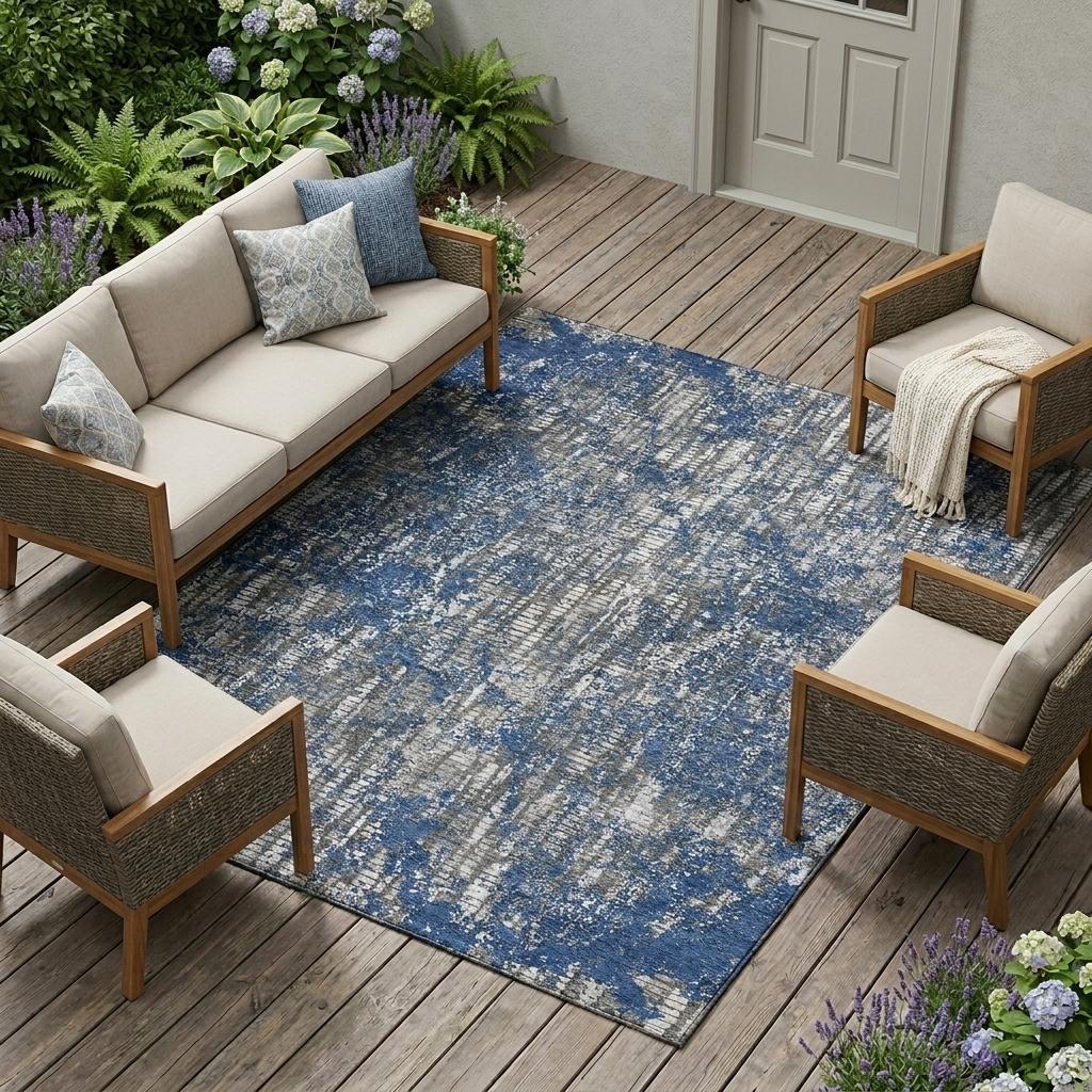 10' X 14' Navy Blue And Khaki Abstract Washable Indoor Outdoor Area Rug - Sports & Outdoor