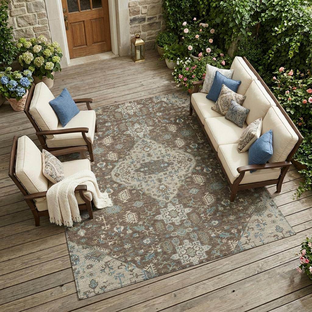 10' X 14' Brown And Beige Medallion Washable Indoor Outdoor Area Rug - Sports & Outdoor