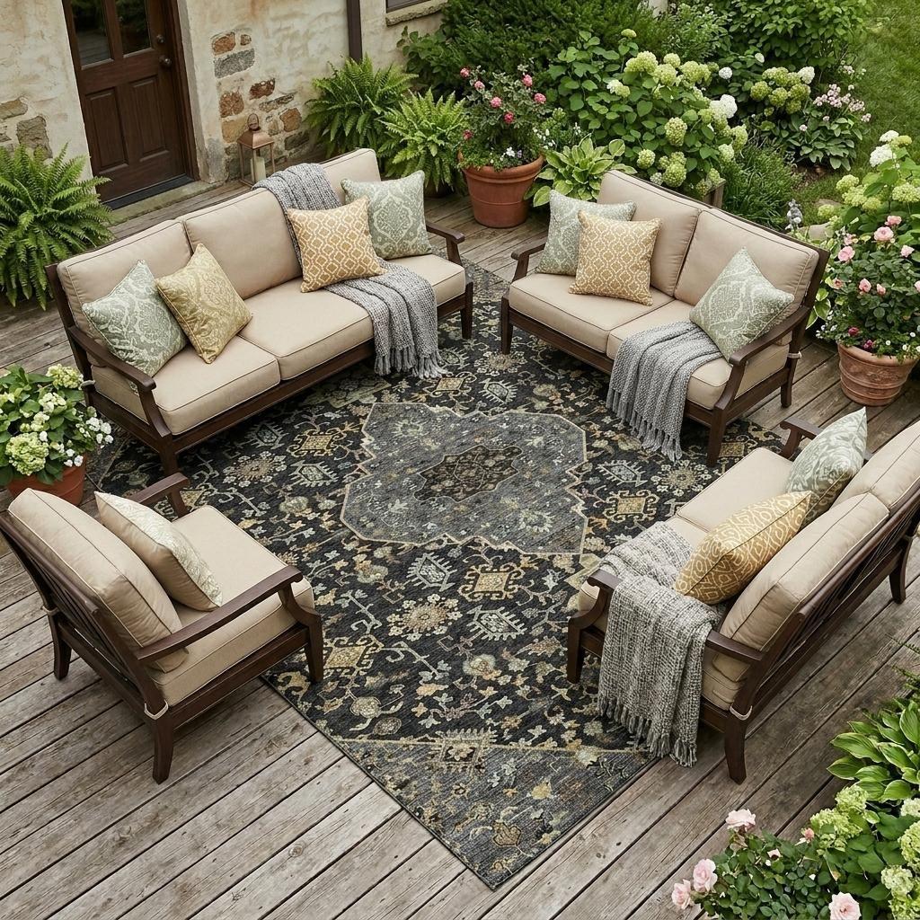 10' X 14' Black And Brown Medallion Washable Indoor Outdoor Area Rug - Sports & Outdoor