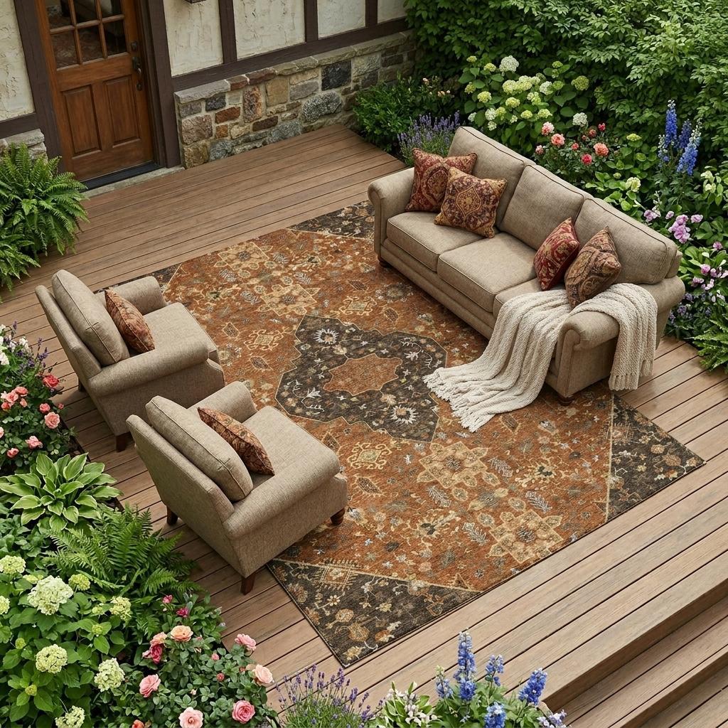 10' X 14' Orange And Brown Medallion Washable Indoor Outdoor Area Rug - Sports & Outdoor