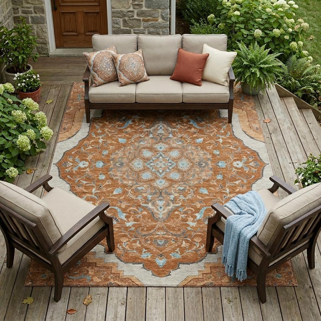 10' X 14' Orange And Graphite Medallion Washable Indoor Outdoor Area Rug - Sports & Outdoor