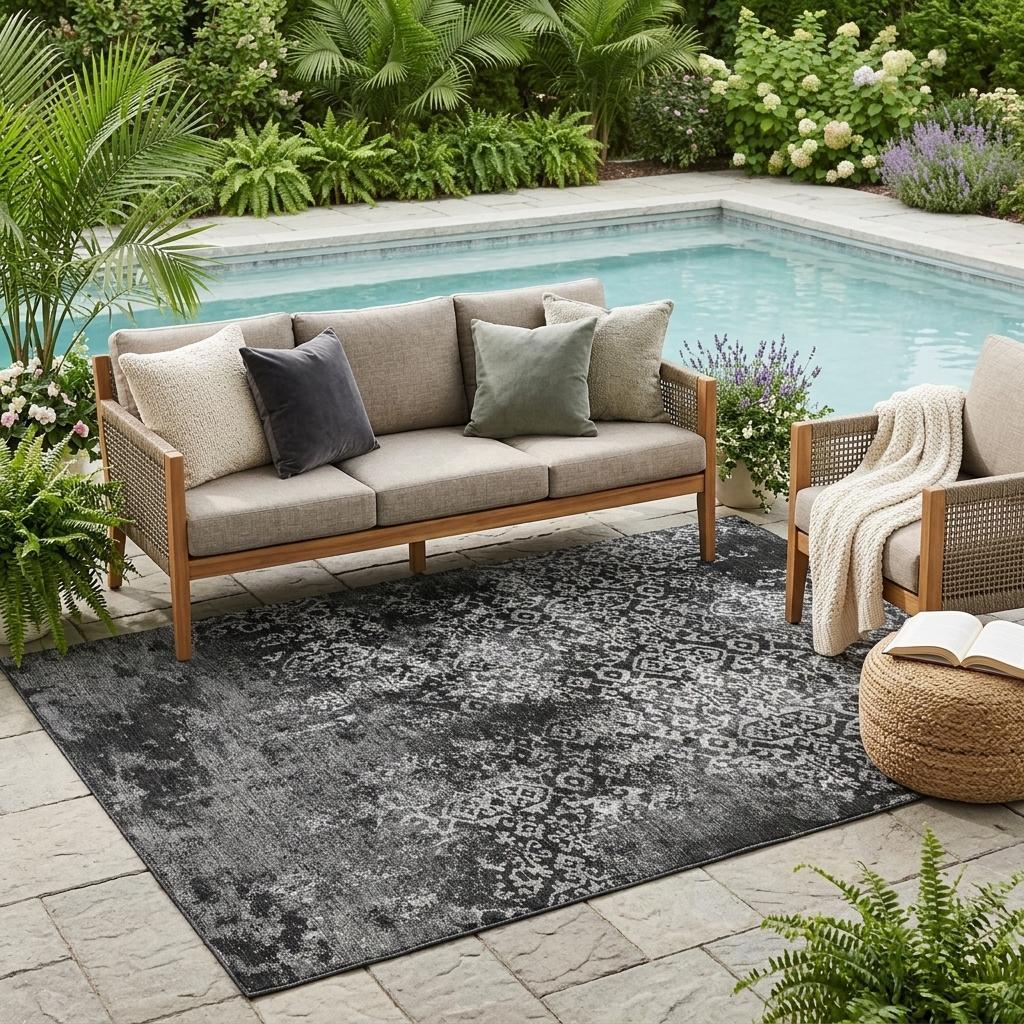 5' X 8' Black And Gray Oriental Washable Indoor Outdoor Area Rug - Sports & Outdoor