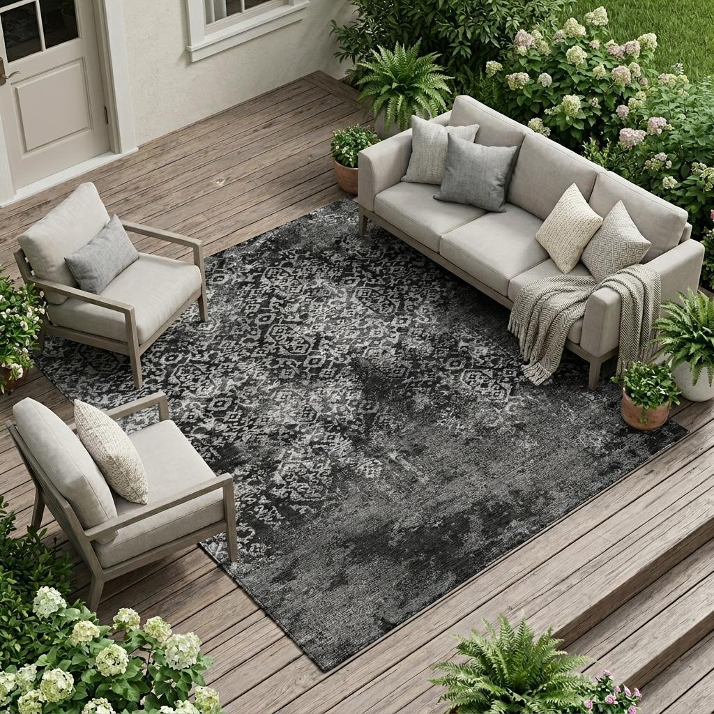 10' X 14' Black And Gray Oriental Washable Indoor Outdoor Area Rug - Sports & Outdoor