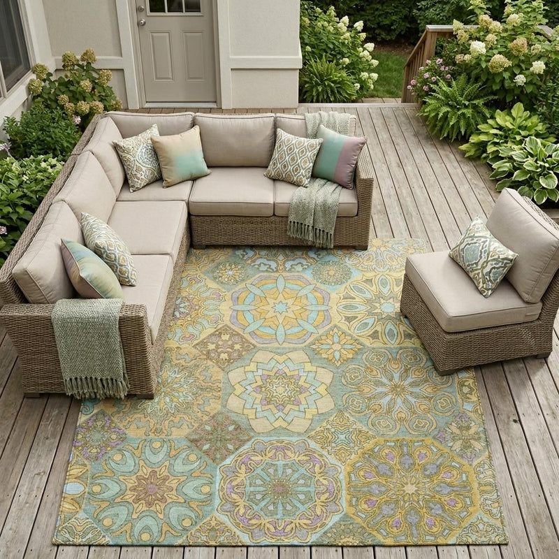 Multicolor patchwork area rug with central medallion and scroll motifs in teal and gold