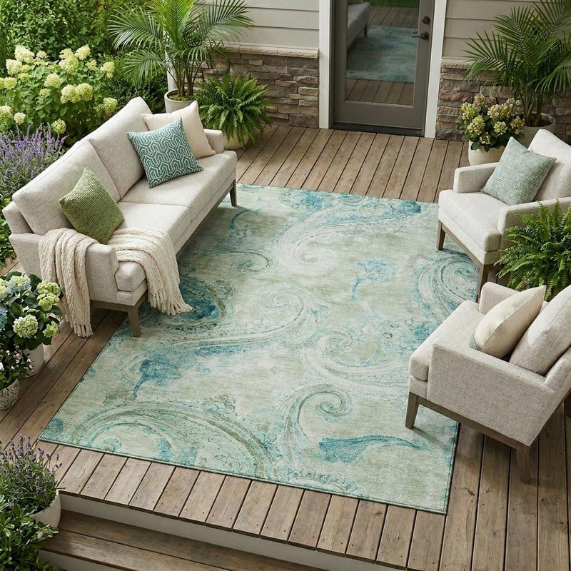 Sage and teal paisley area rug laid over outdoor wood floor with swirled motifs