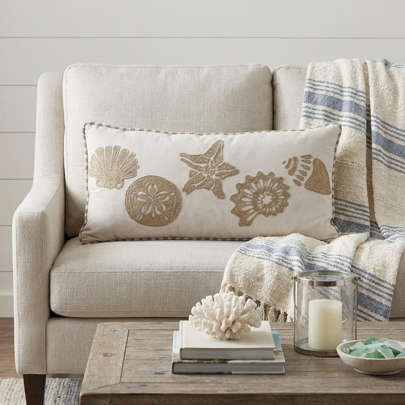 11" X 21" Beige and Khaki Seashells Cotton Throw Pillow with Embroidery - Home Decor