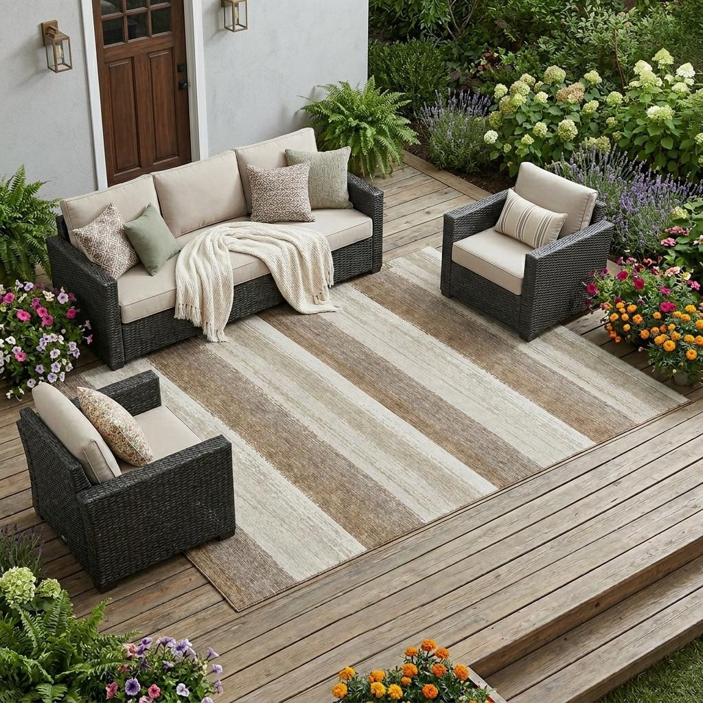 10' X 14' Beige And Graphite Striped Washable Indoor Outdoor Area Rug - Sports & Outdoor
