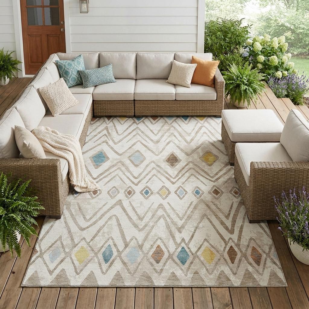 10' X 14' Ivory And Brown Geometric Washable Indoor Outdoor Area Rug - Sports & Outdoor