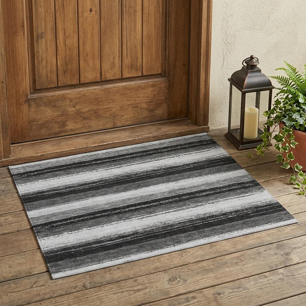 3' X 5' Black And Khaki Striped Washable Indoor Outdoor Area Rug - Sports & Outdoor