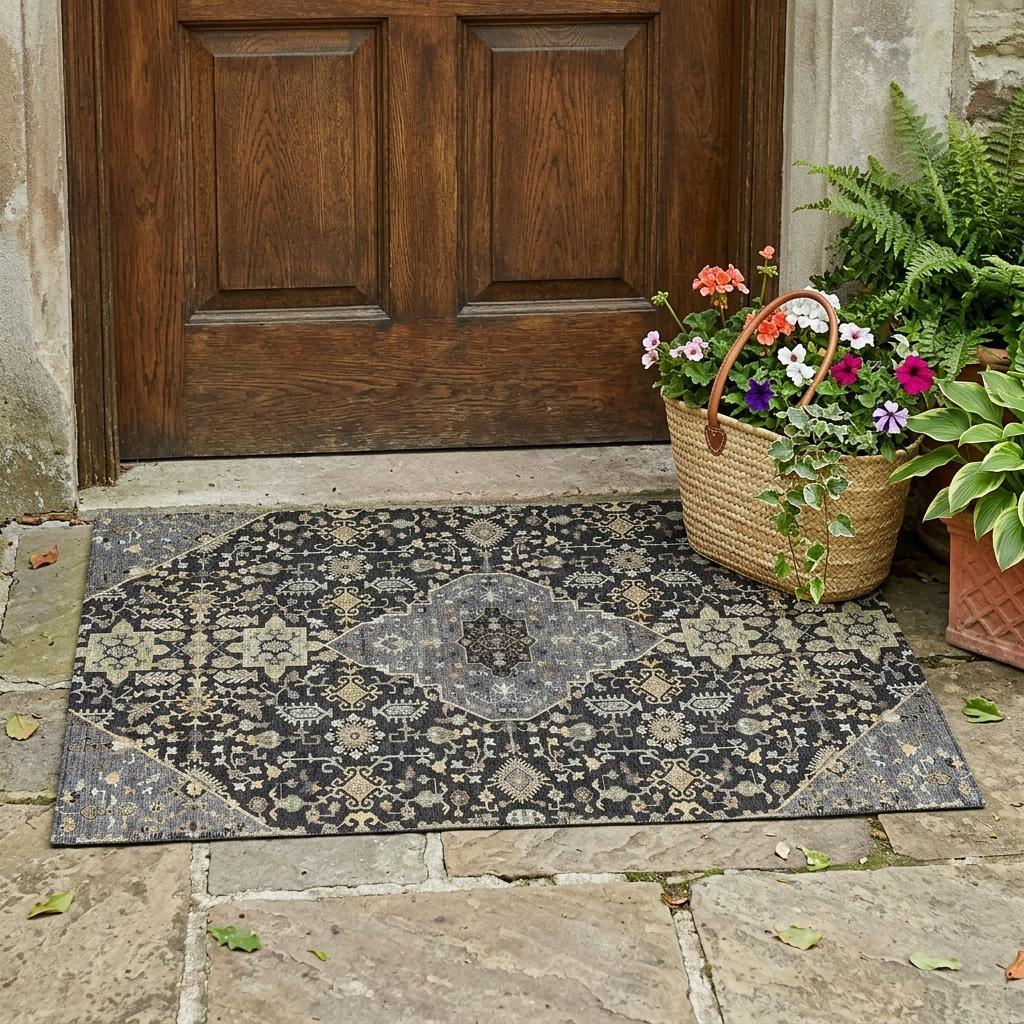 3' X 5' Black And Brown Medallion Washable Indoor Outdoor Area Rug - Sports & Outdoor