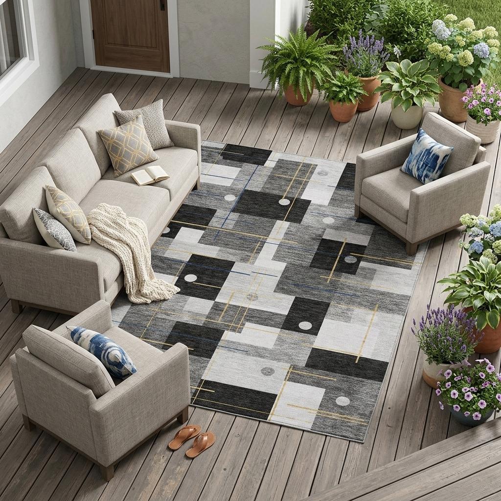 8' X 10' Black And Green Geometric Washable Indoor Outdoor Area Rug - Sports & Outdoor