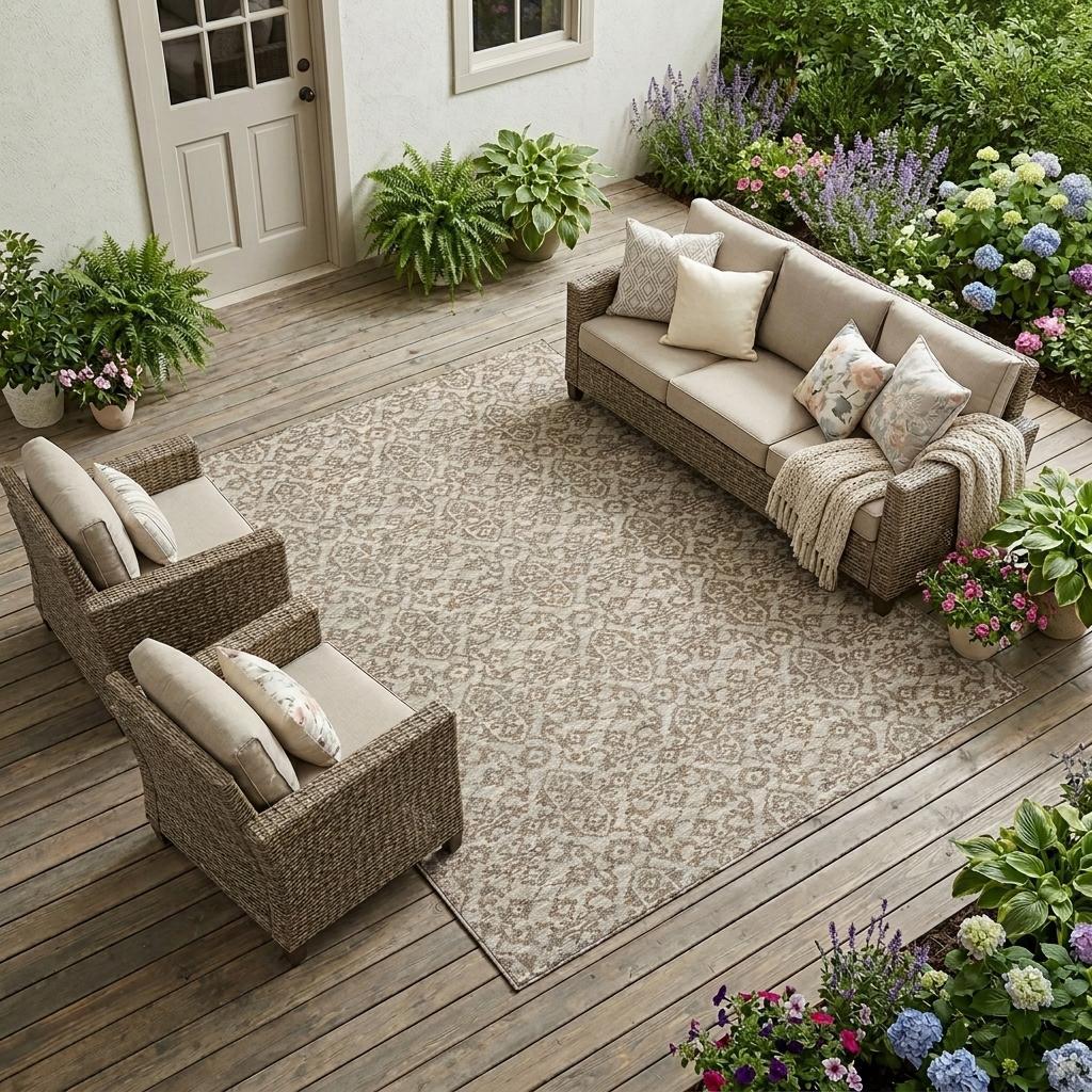 10' X 14' Beige And Taupe Oriental Washable Indoor Outdoor Area Rug - Sports & Outdoor
