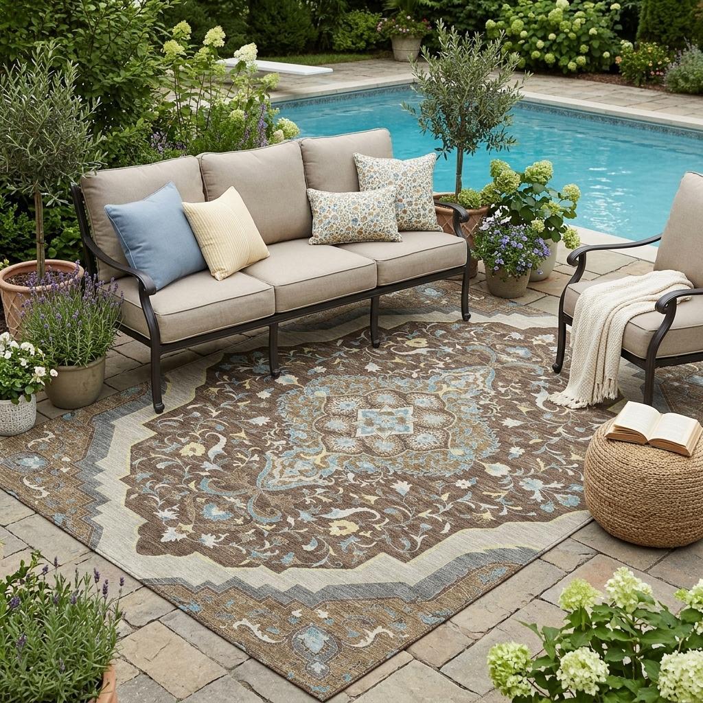 5' X 8' Brown And Beige Medallion Washable Indoor Outdoor Area Rug - Sports & Outdoor