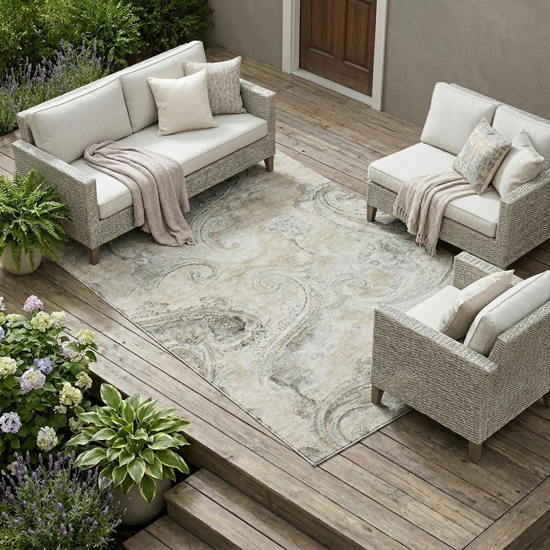 Light khaki paisley area rug on outdoor wood deck with sectional seating