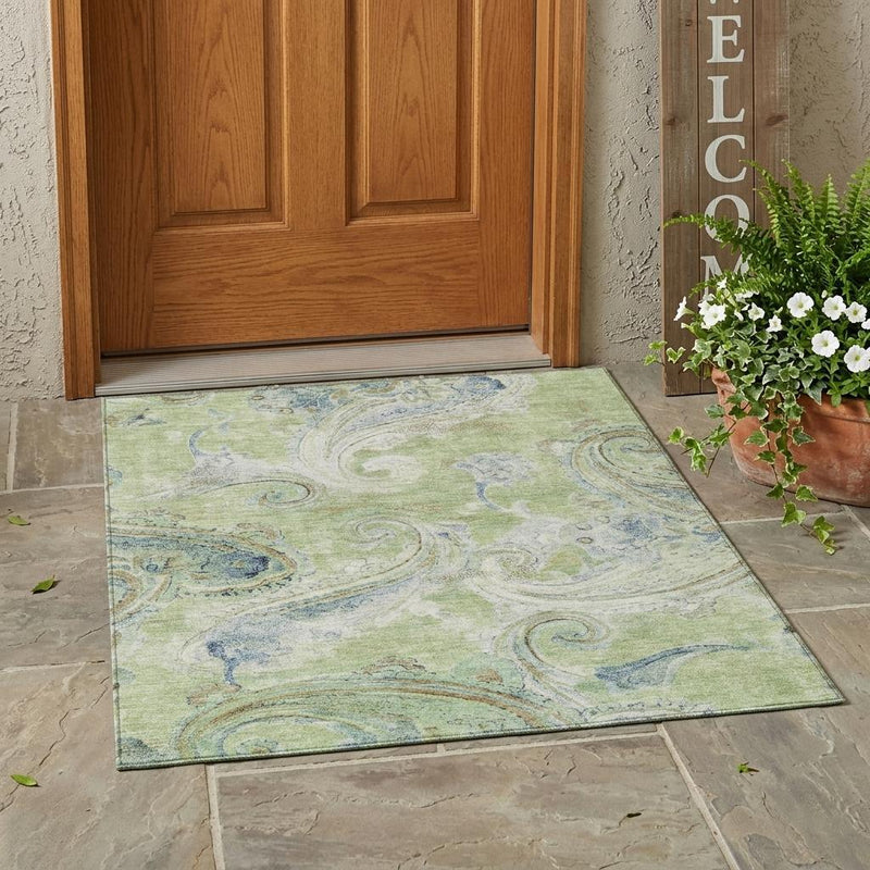 Small rectangular green and silver paisley area rug on patio near entry door