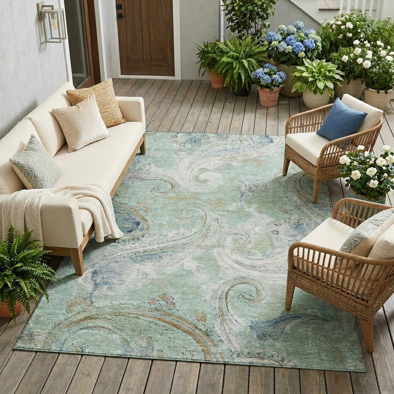Aqua and teal paisley area rug in full view with distressed swirls