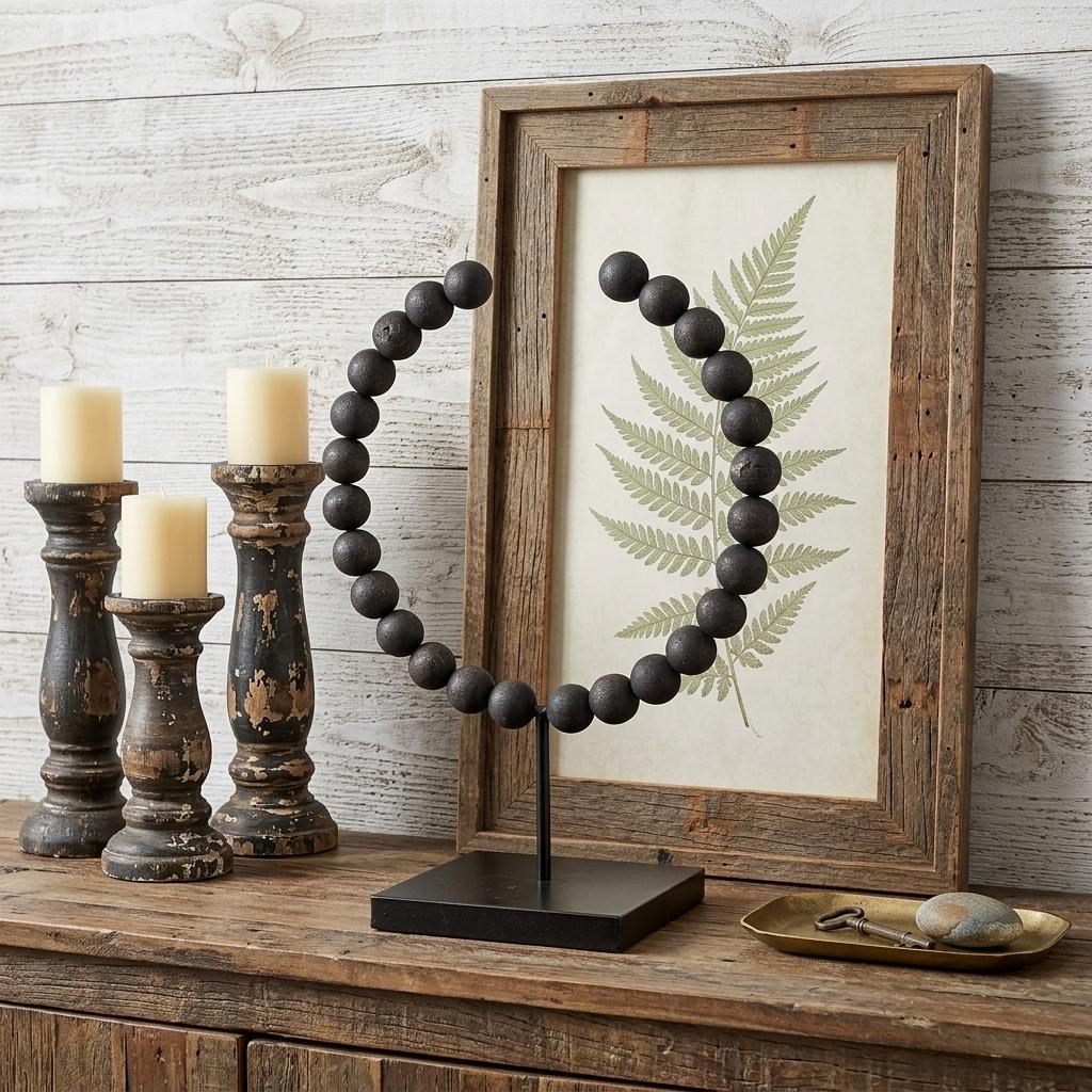 16" Black Wood and Metal Abstract Beaded Tabletop Sculpture - Home & Garden