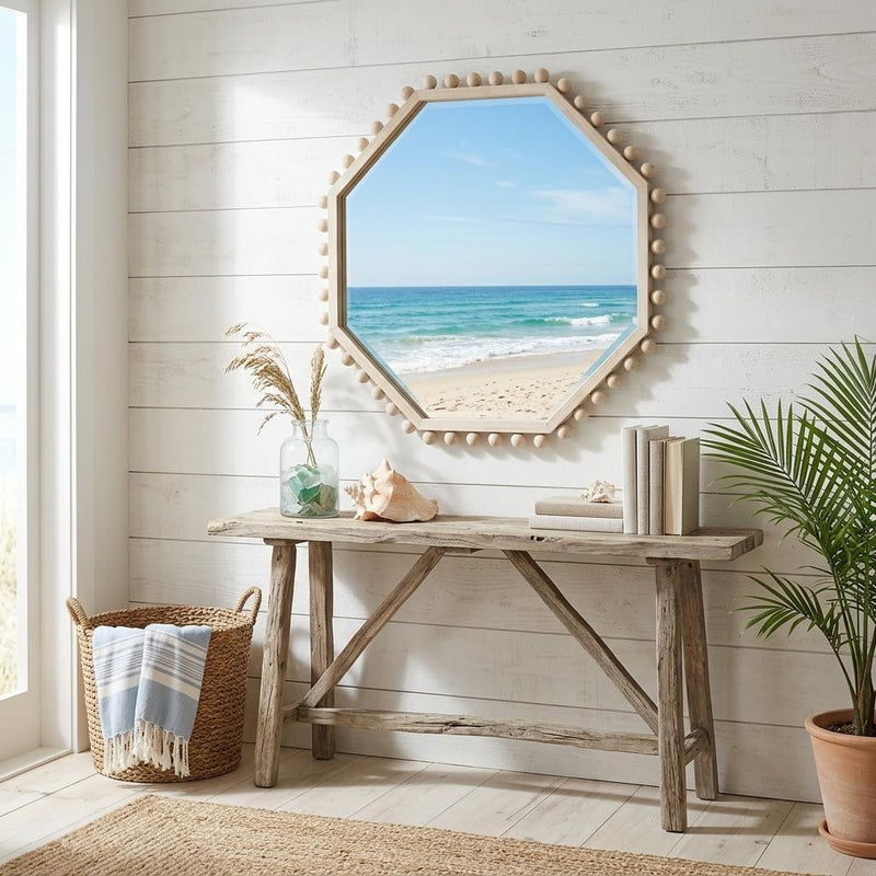 33" Natural Wood Octagon Beaded Framed Accent Mirror - Bed & Bath