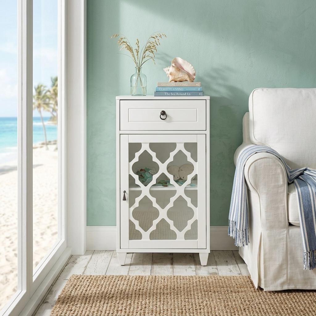 17" White Fret Work Design Glass Door Accent Cabinet - Kitchen & Dining