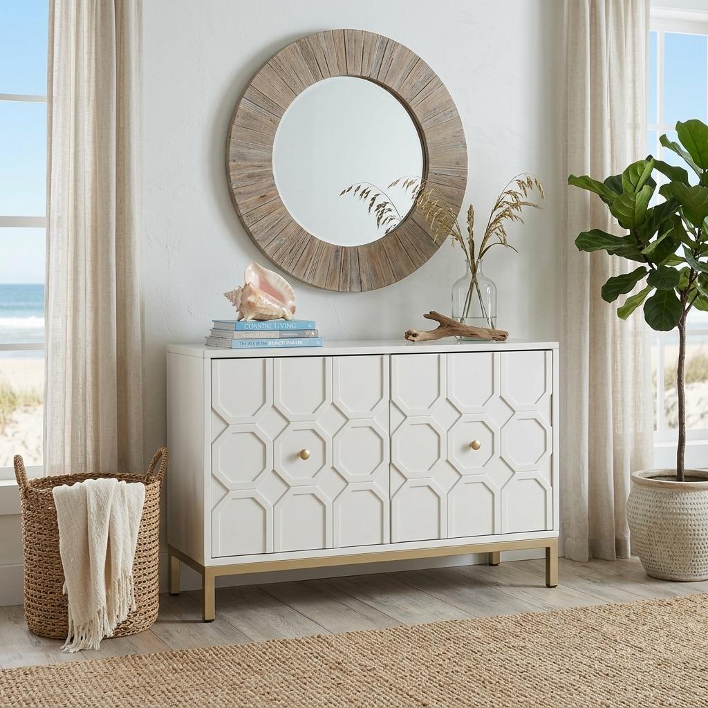 40" White Carved Geometric Sideboard with Two Doors - Kitchen & Dining