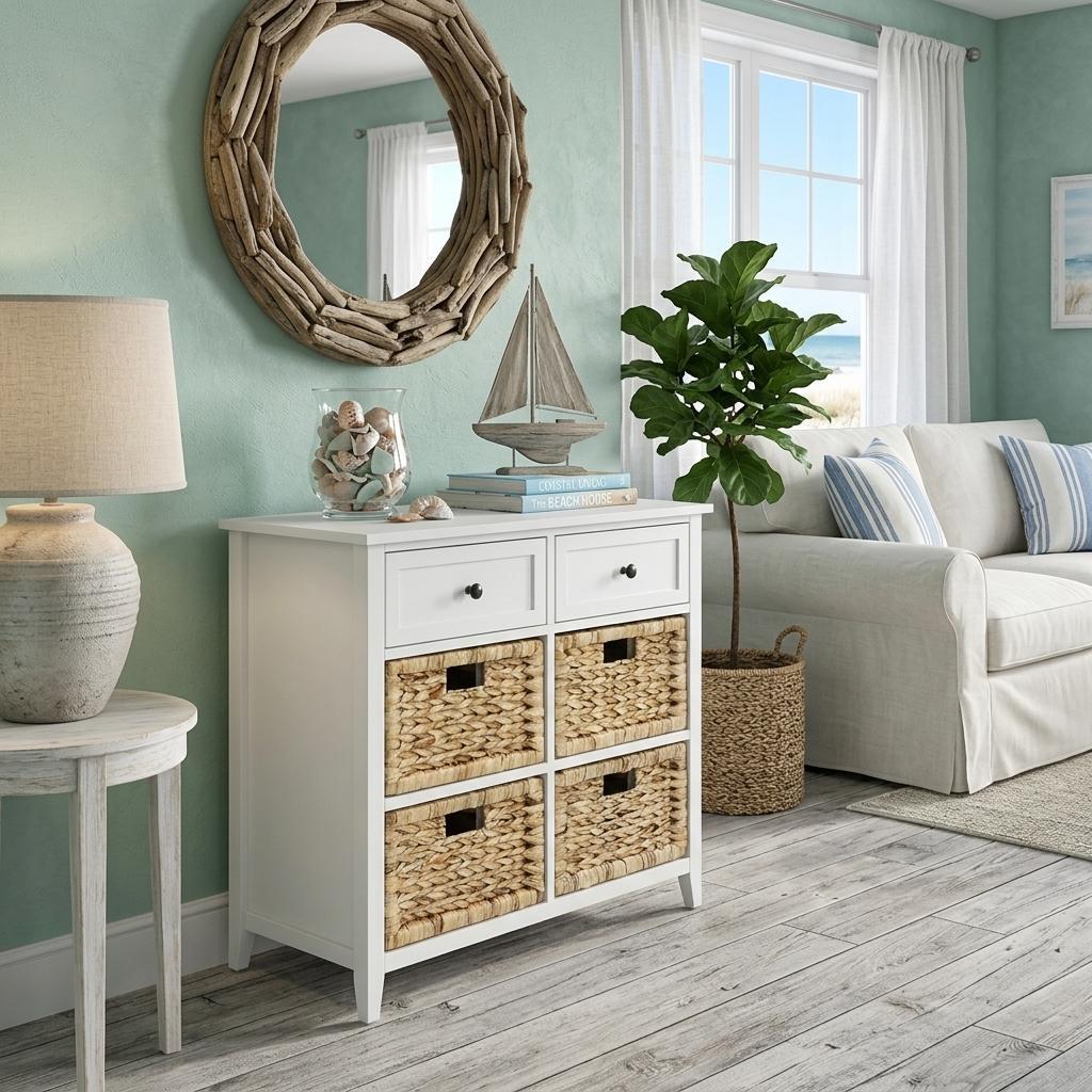 30" White Wood And Water Hyacinth Accent Cabinet With Six Drawers - Kitchen & Dining