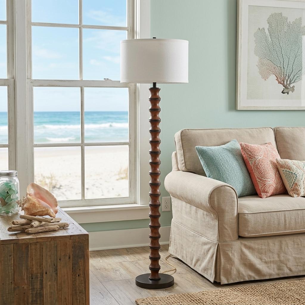61" Brown And White Resin Floor Lamp With White Fabric Drum Shade - Lighting