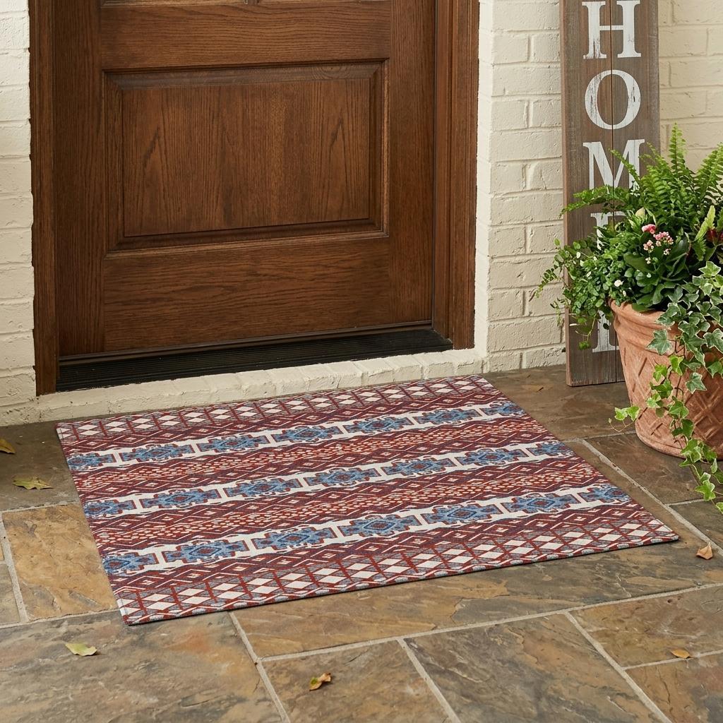 3' X 5' Red And Ivory Striped Washable Indoor Outdoor Area Rug - Sports & Outdoor