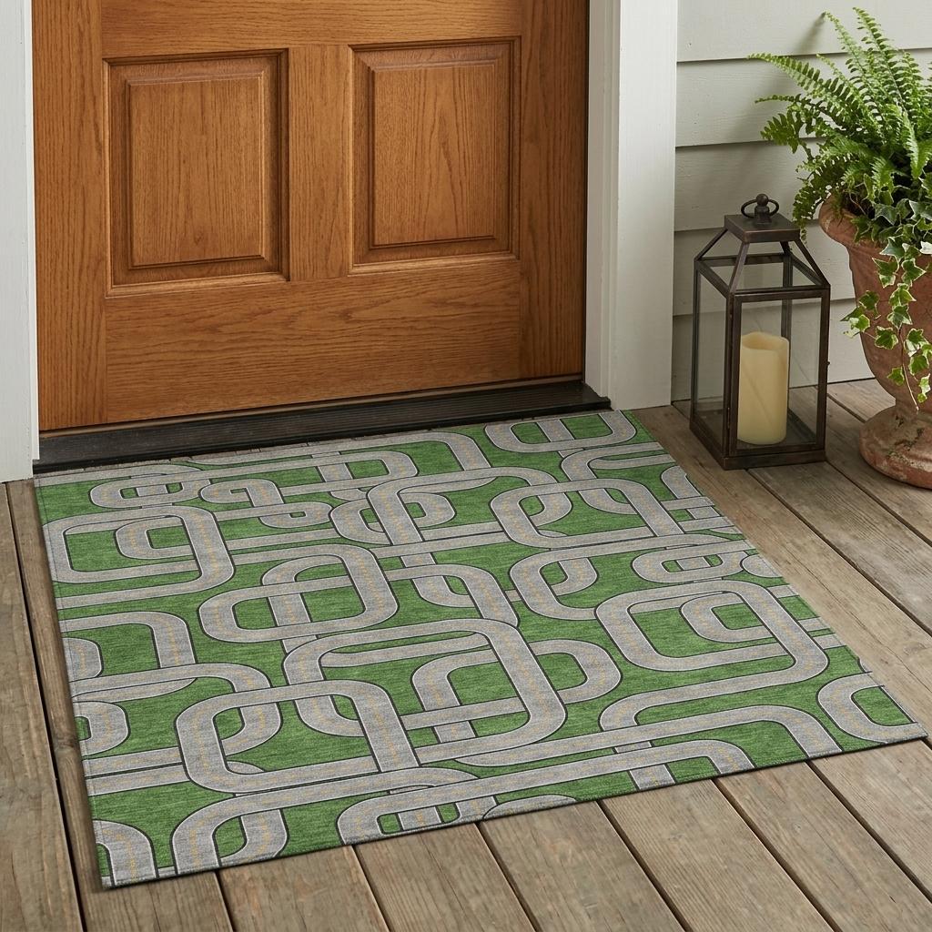3' X 5' Green And Pewter Geometric Washable Indoor Outdoor Area Rug - Sports & Outdoor