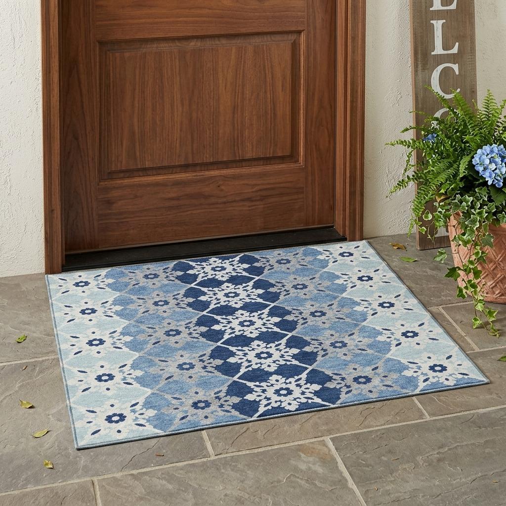3' X 5' Blue And Pewter Floral Medallion Washable Indoor Outdoor Area Rug - Sports & Outdoor