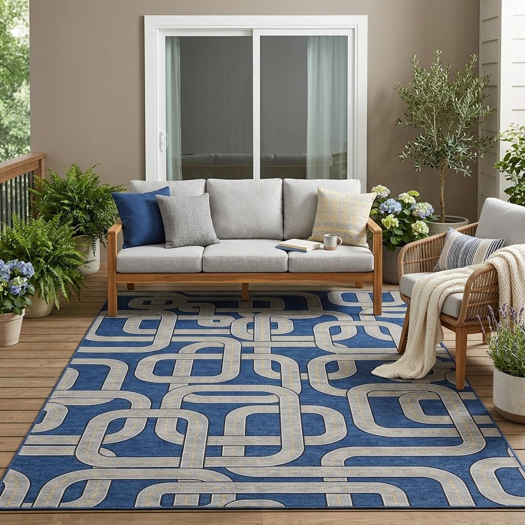 5' X 8' Blue And Gray Geometric Washable Indoor Outdoor Area Rug - Sports & Outdoor