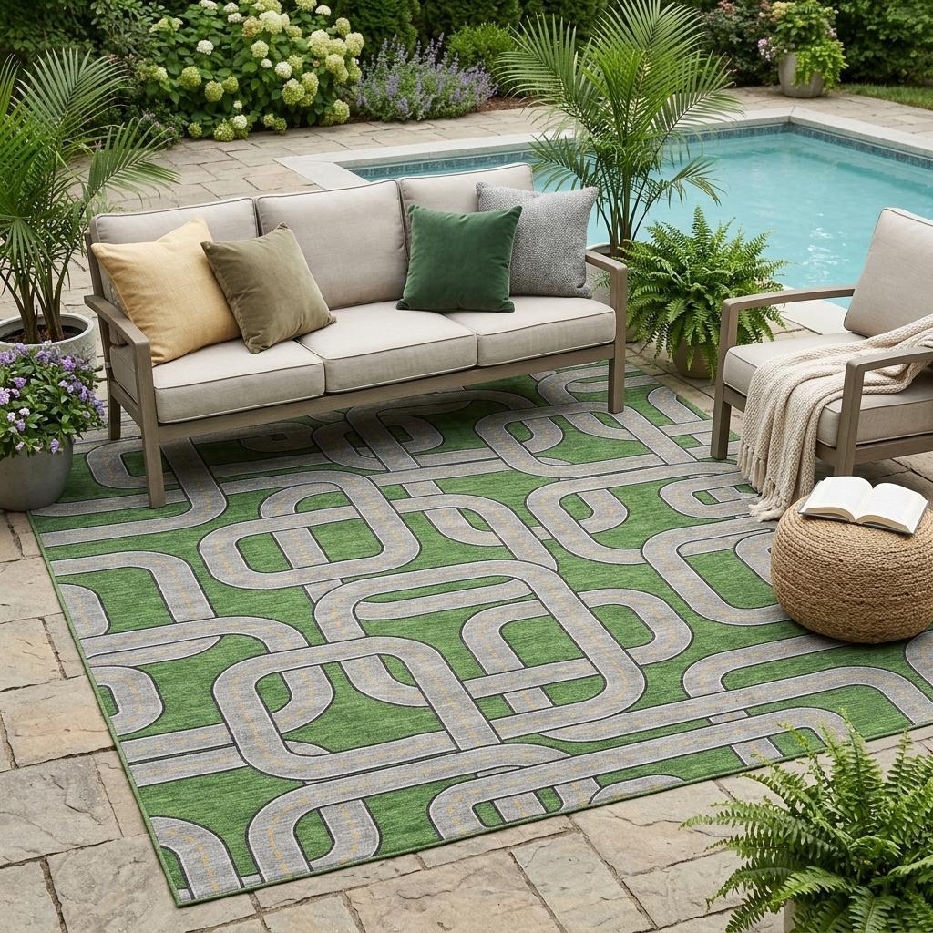 5' X 8' Green And Pewter Geometric Washable Indoor Outdoor Area Rug - Sports & Outdoor