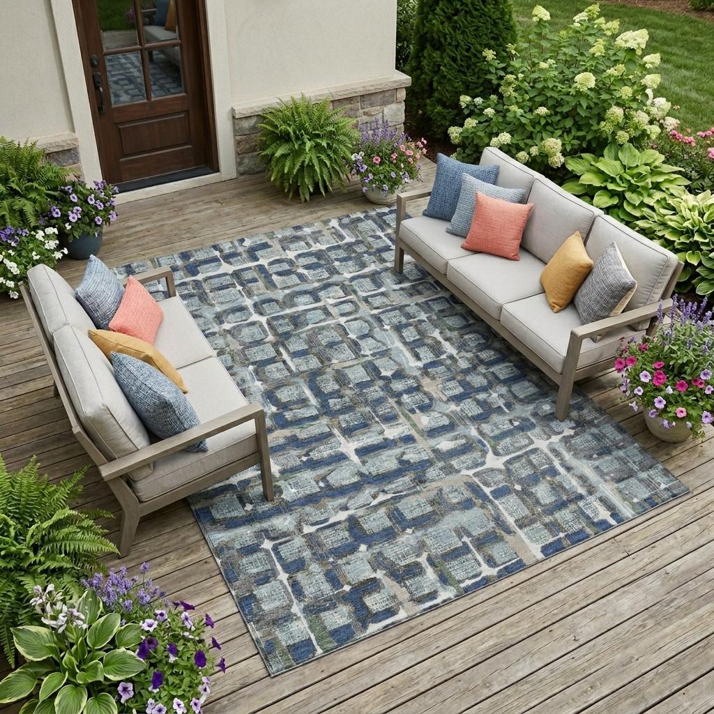 8' X 10' Blue And Gray Geometric Washable Indoor Outdoor Area Rug - Sports & Outdoor