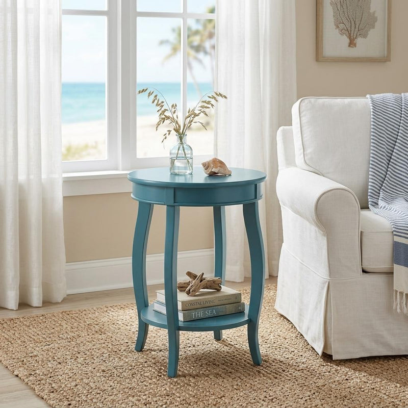 24" Teal Blue Solid Wood Round End Table With Shelf - Living Room