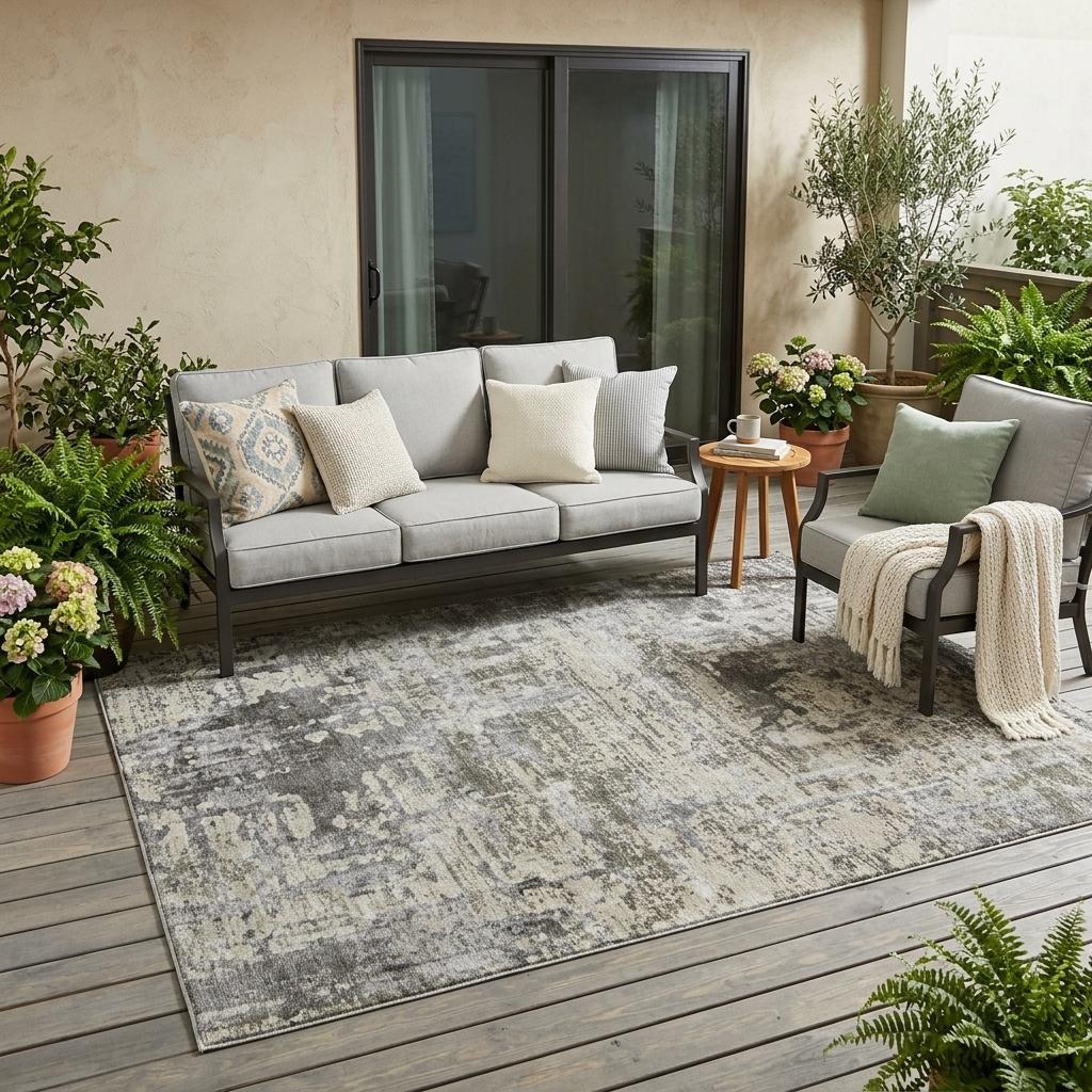 5' X 8' Pewter And Gray Abstract Washable Indoor Outdoor Area Rug - Outdoor | blocked-missing-media, blocked-out-of-stock,…