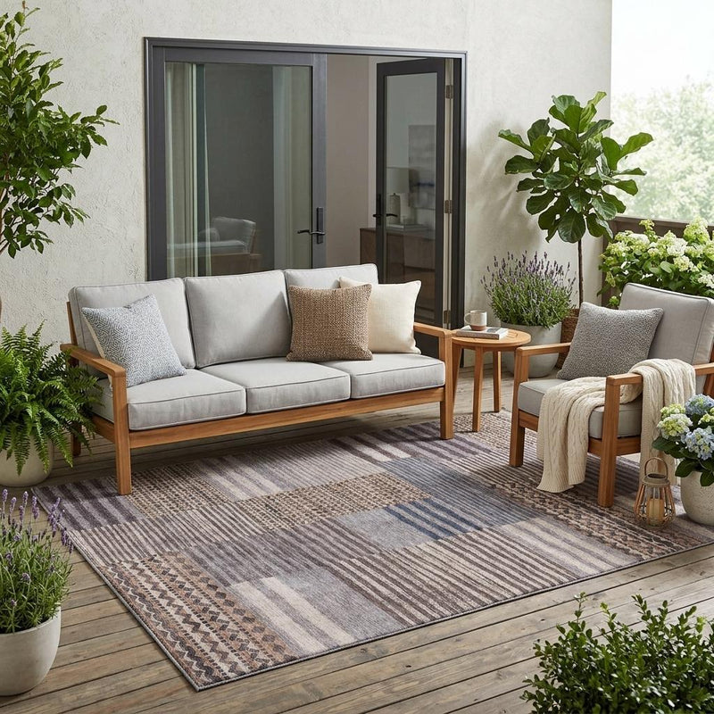 Rectangular gray and brown patchwork area rug with striped and geometric accents