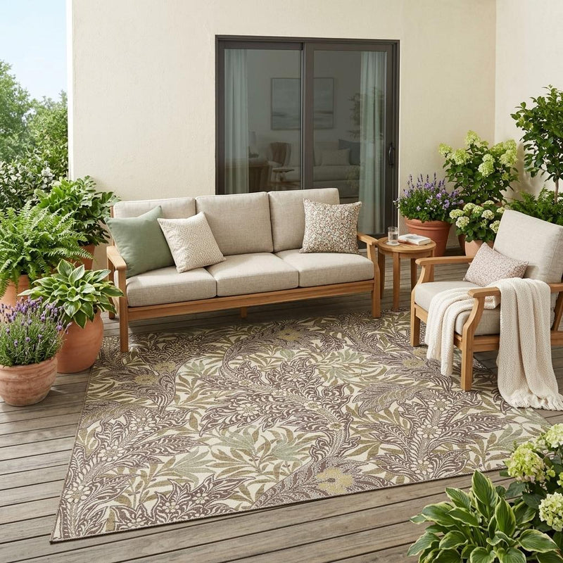 Full botanical leaf area rug with scrolling vines in beige, brown, and muted green