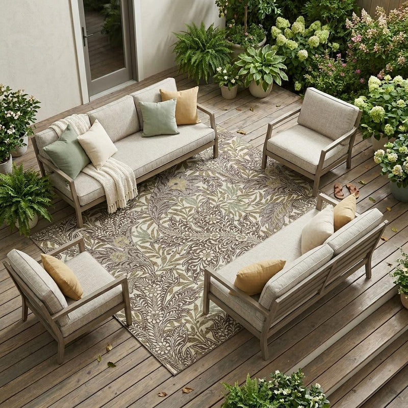 Botanical leaf area rug in beige, olive and coffee brown for indoor patio seating