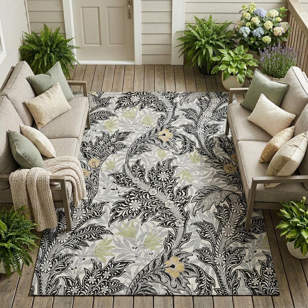 8' X 10' Black And Gray Botanical Leaves Washable Indoor Outdoor Area Rug - Outdoor | blocked-missing-media,…