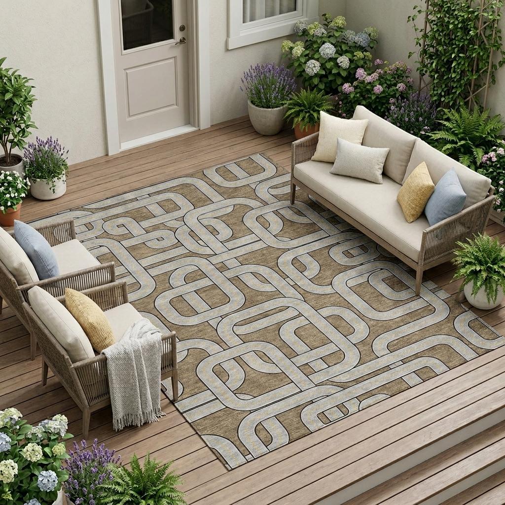 10' X 14' Brown And Gray Geometric Washable Indoor Outdoor Area Rug - Sports & Outdoor