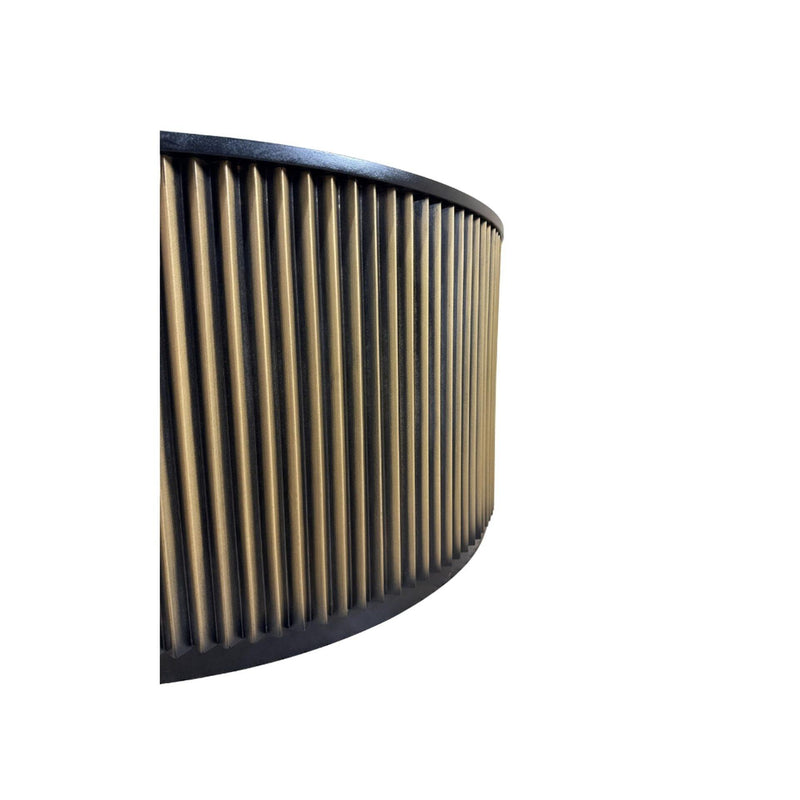 Round drum coffee table edge view with vertical ribbed brass-toned wood and black top