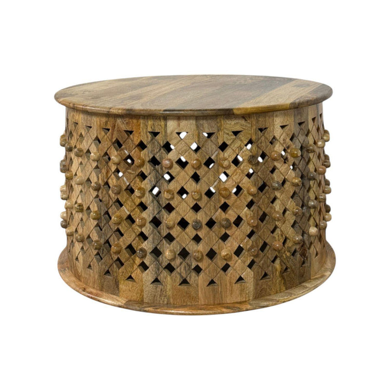 Natural solid wood round drum coffee table with diamond lattice sides and flat top