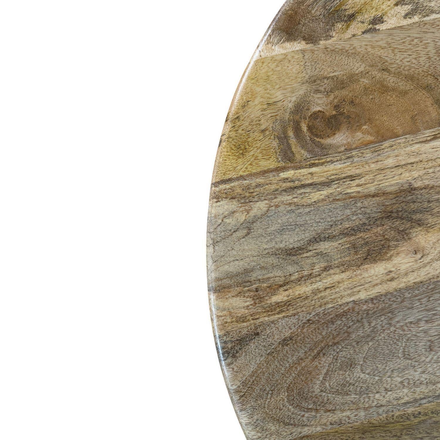Natural solid wood round drum coffee table side detail with carved wood texture