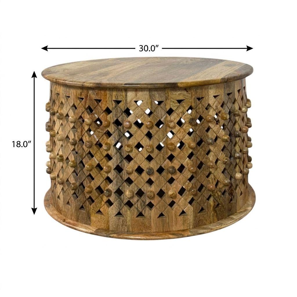 Natural solid wood round drum coffee table, 30 in diameter and 18 in height