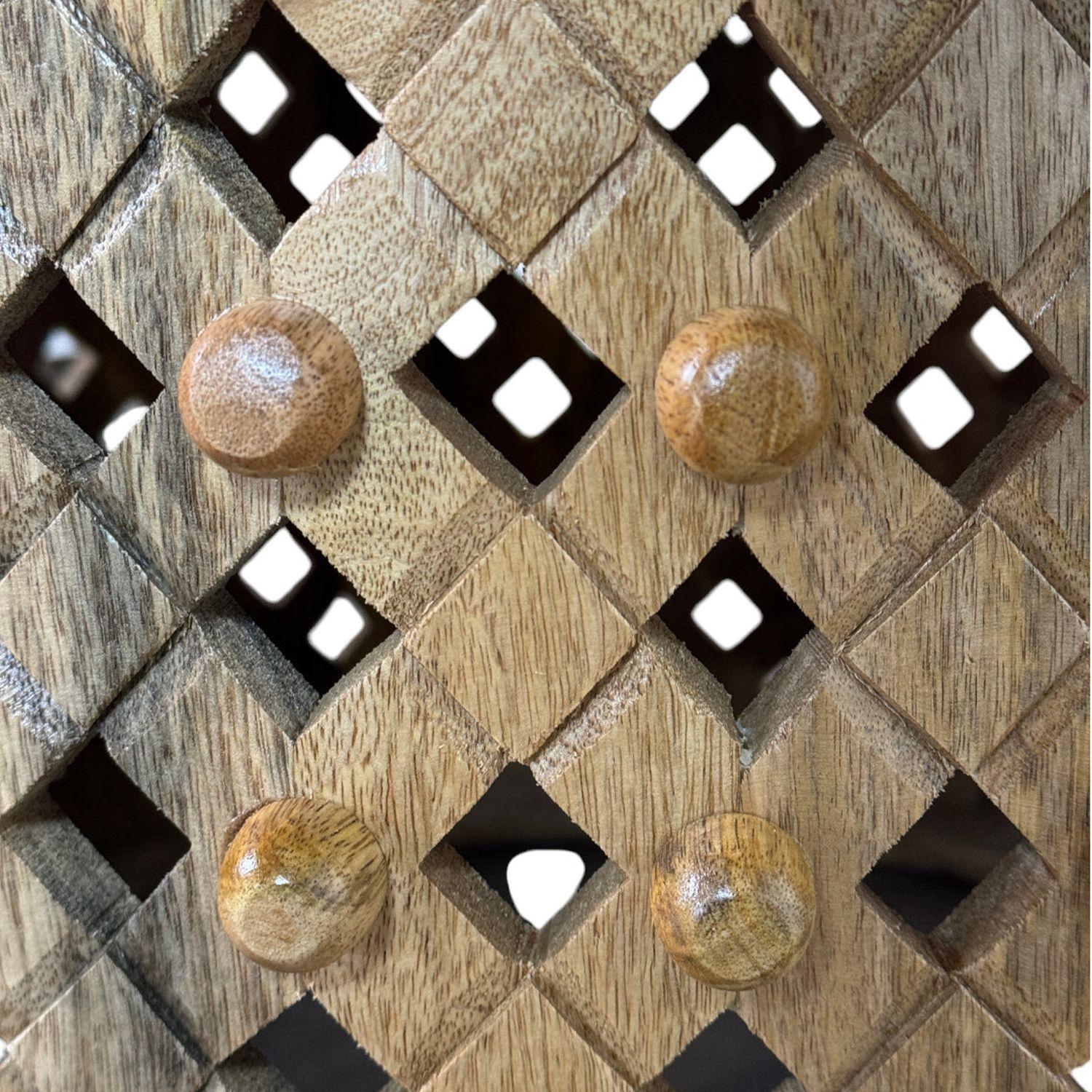 Natural solid wood round drum coffee table close-up of diamond lattice and wood studs