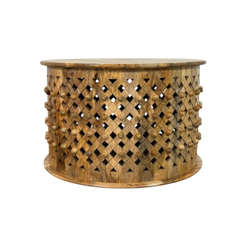 Natural solid wood round drum coffee table with diamond lattice sides and round top