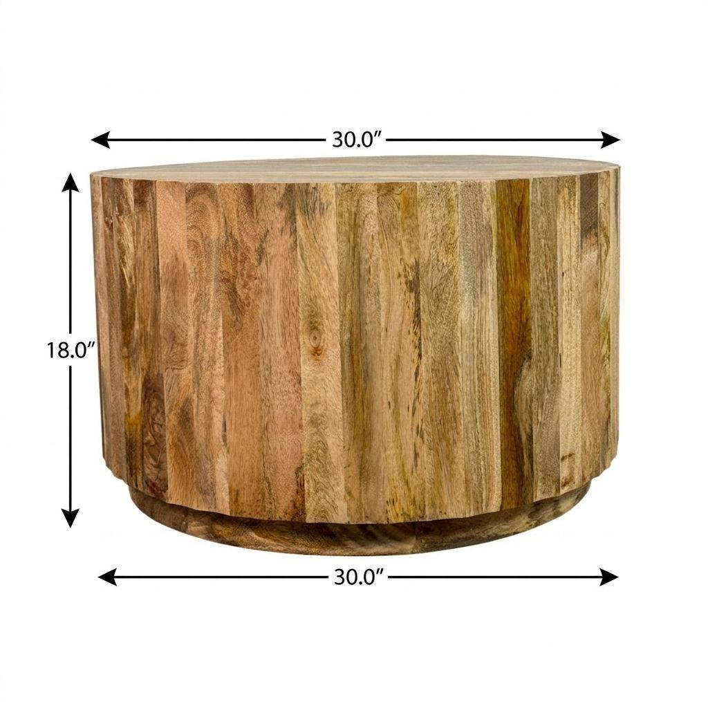Round natural solid-wood drum coffee table with 30-inch diameter, 18-inch height